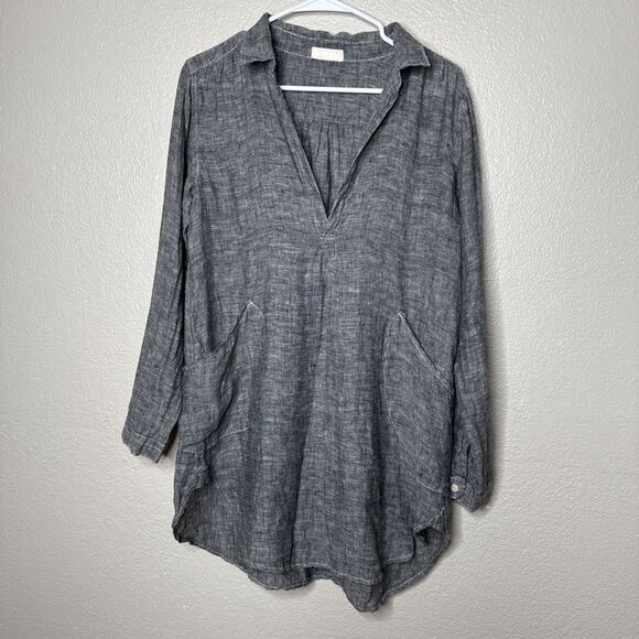 CP Shades 100% Linen Chambray Teton Tunic Blouse Dress Size XS Black Gray Top - Picture 2 of 13